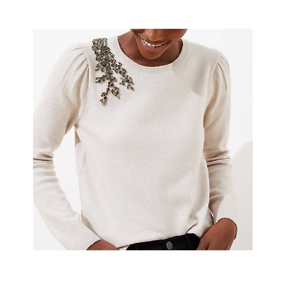 LOFT round neck crystal flower sweater XS